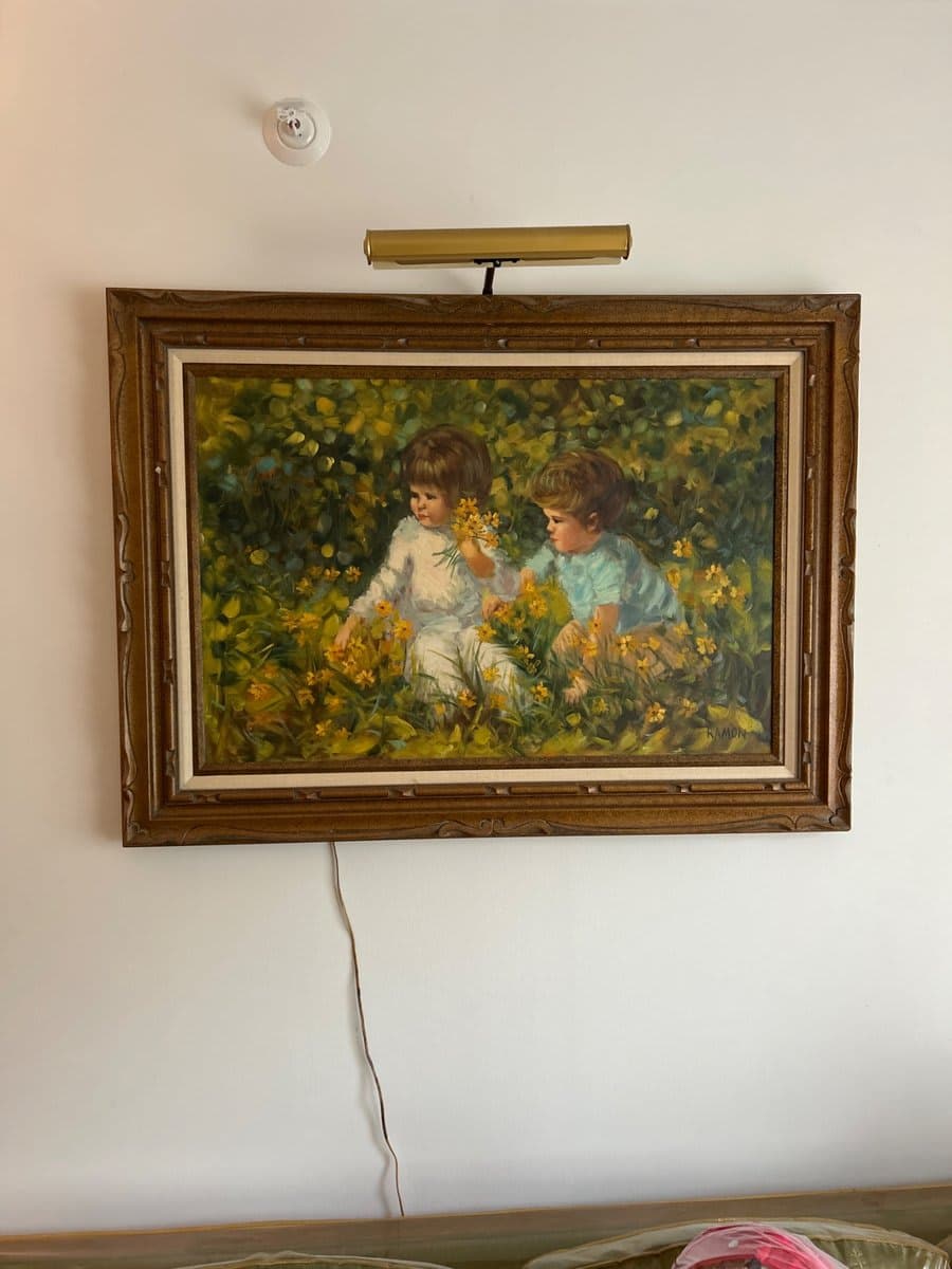 Vintage Oil Painting Children in Flower Field by Ramon