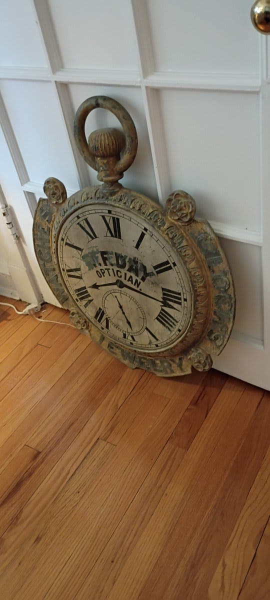 Antique Cast Iron Oversized Pocket Watch Trade Sign Clock - W.F. Day Optician & Jeweler
