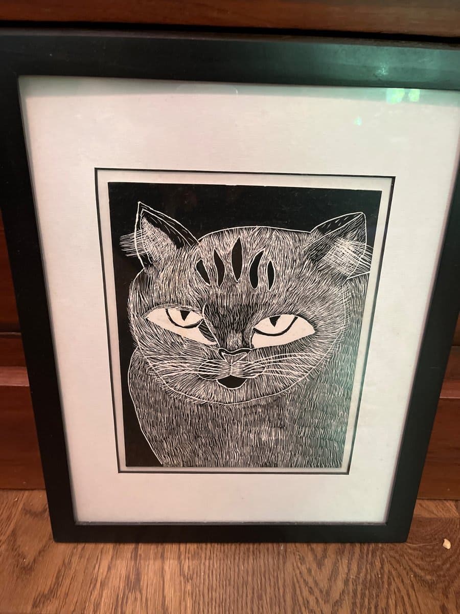 Framed Cat Portrait Scratchboard or Linocut Print - photo 1