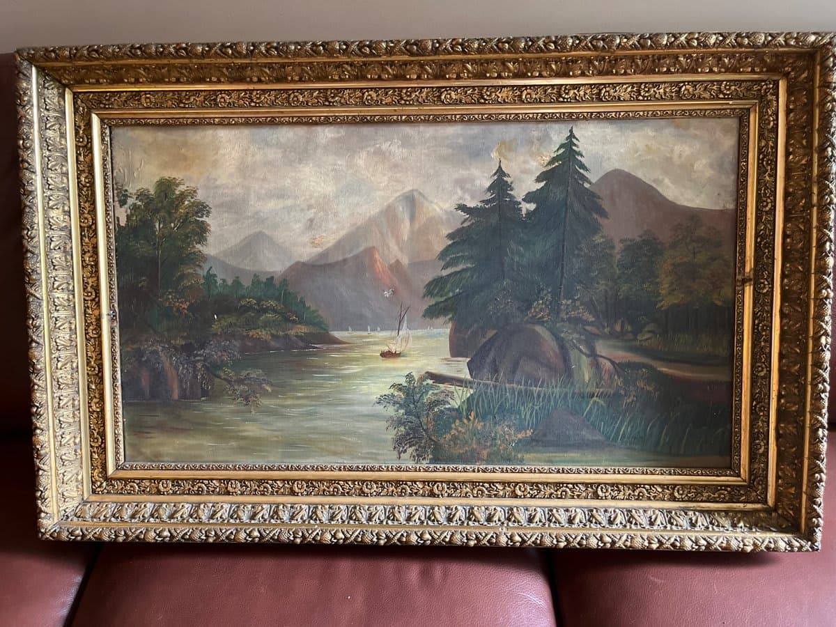 Antique Oil Painting Mountain Lake Landscape with Gilt Frame - photo 1