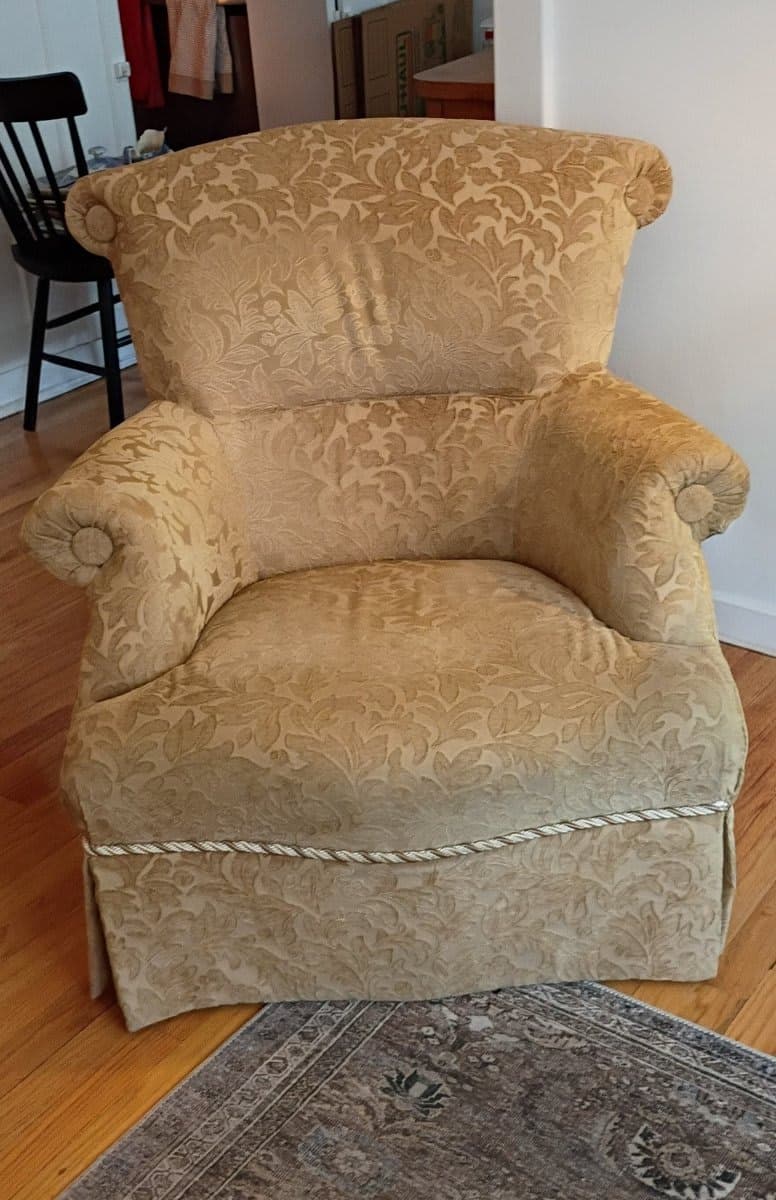 Gold Damask Upholstered Club Chair with Skirt - photo 1