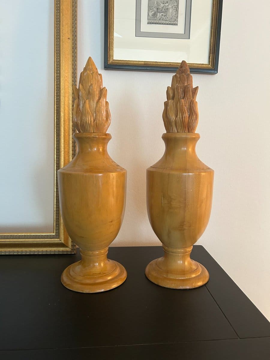 Pair of Carved Wood Flame Finial Urns - photo 1