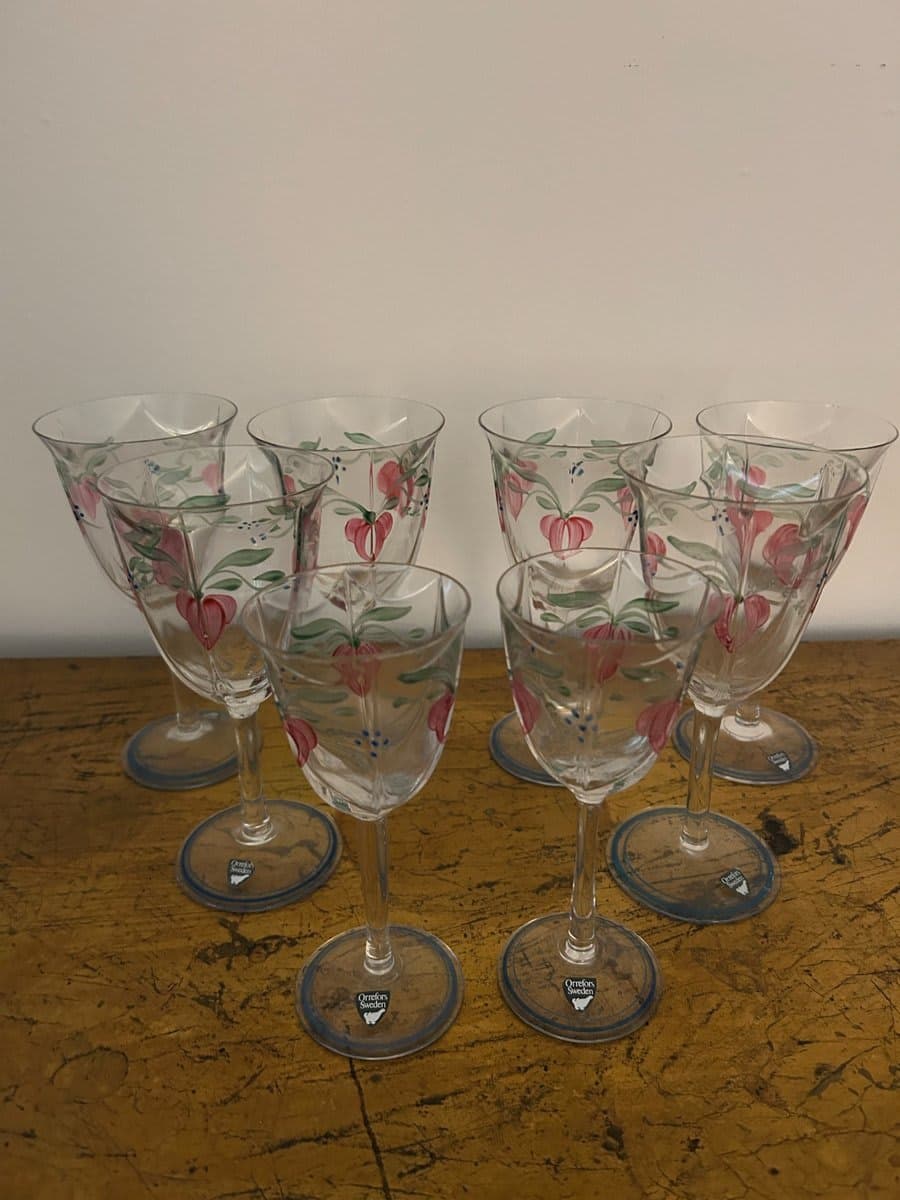 Orrefors Sweden "Maja" Hand-Painted Floral Wine/Cognac Glasses Set of 8 - photo 1