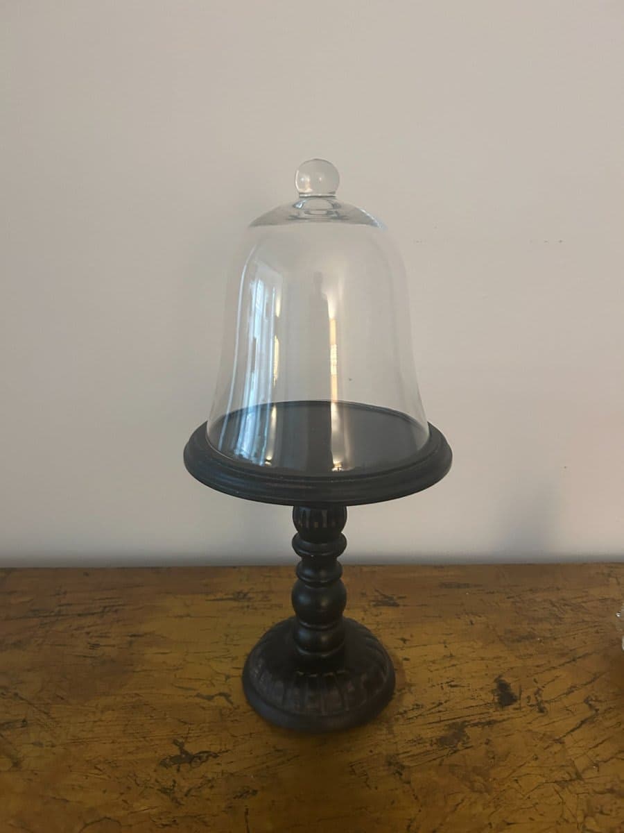 Glass Cloche Bell Jar on Dark Wood Pedestal Stand - photo 1