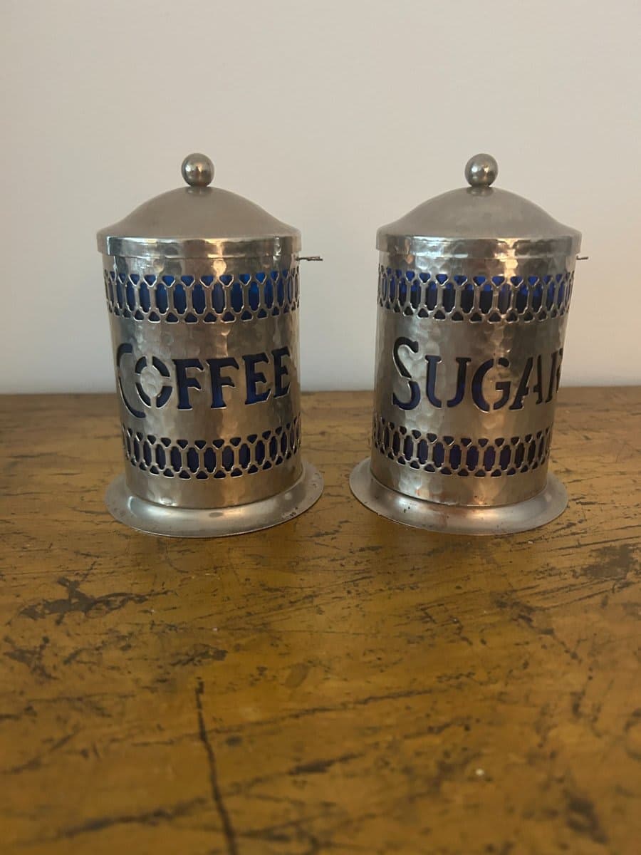 Art Nouveau Hammered Pewter Coffee & Sugar Canister Set with Cobalt Blue Glass - photo 1