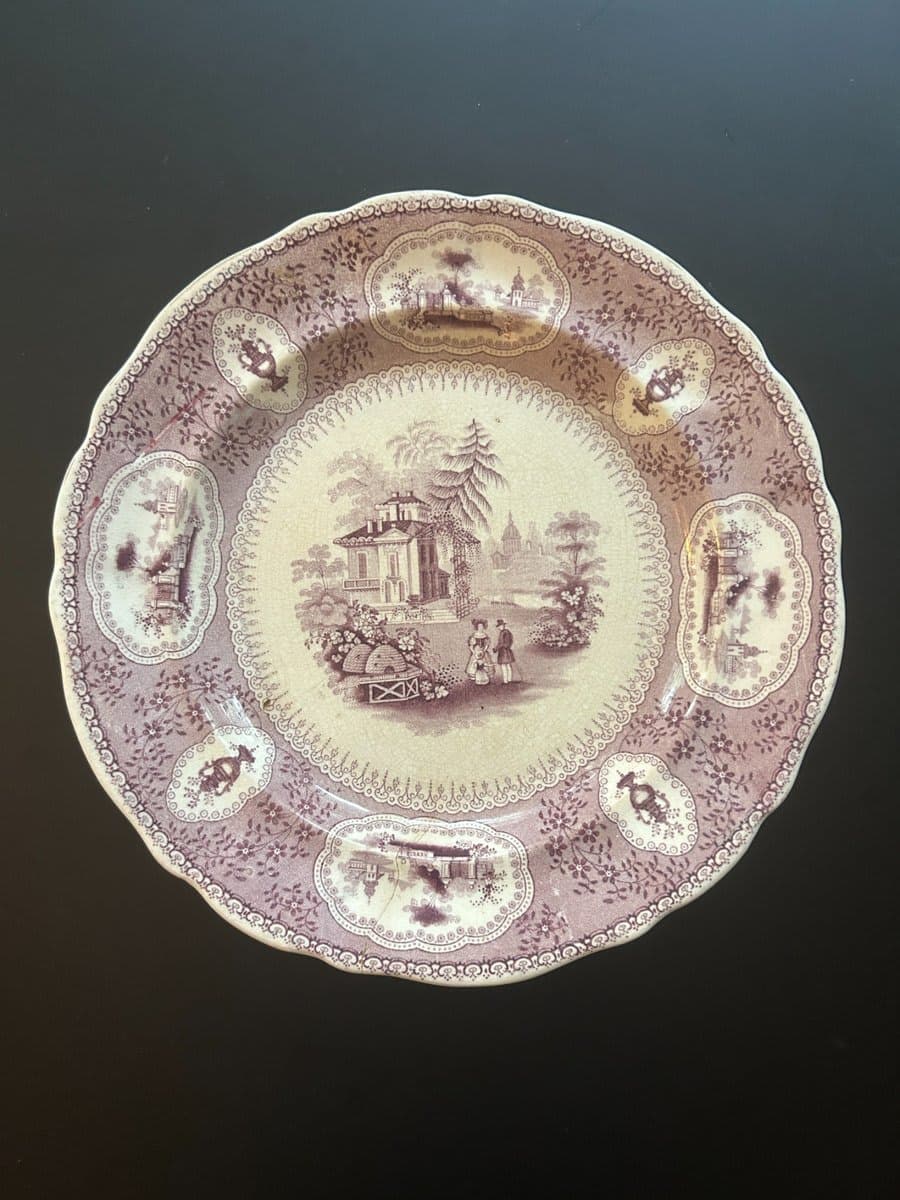 Antique Purple Transferware Dinner Plate — Scenic Pastoral Pattern - photo 1