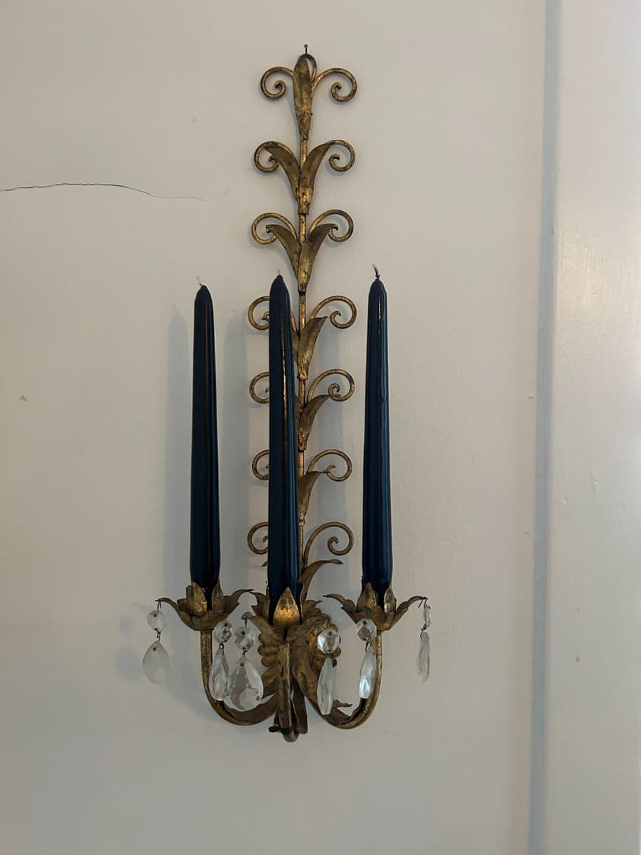 Pair of Italian Gilt Tole Wall Sconce with Crystal Drops - photo 1