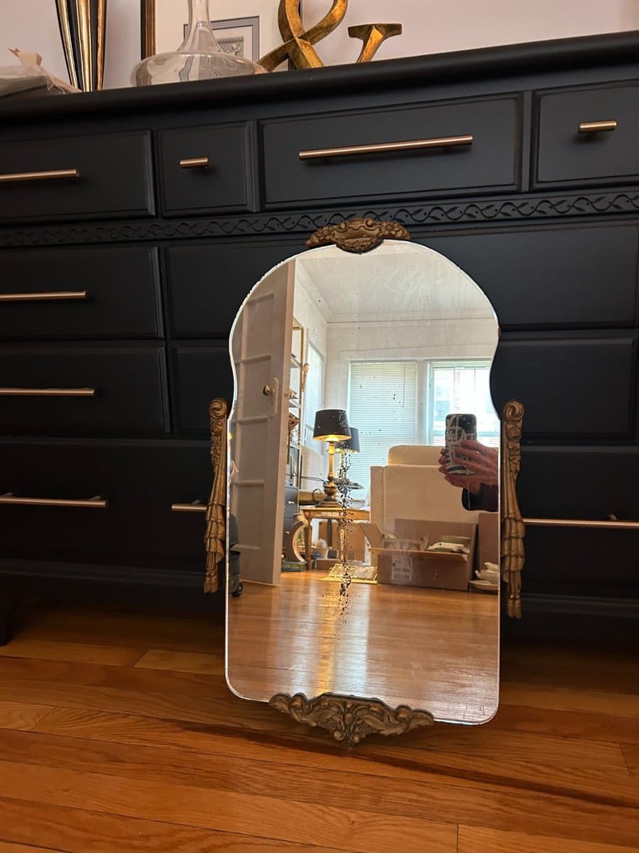 Antique Beveled Mirror with Ornate Brass Ormolu Mounts - photo 1