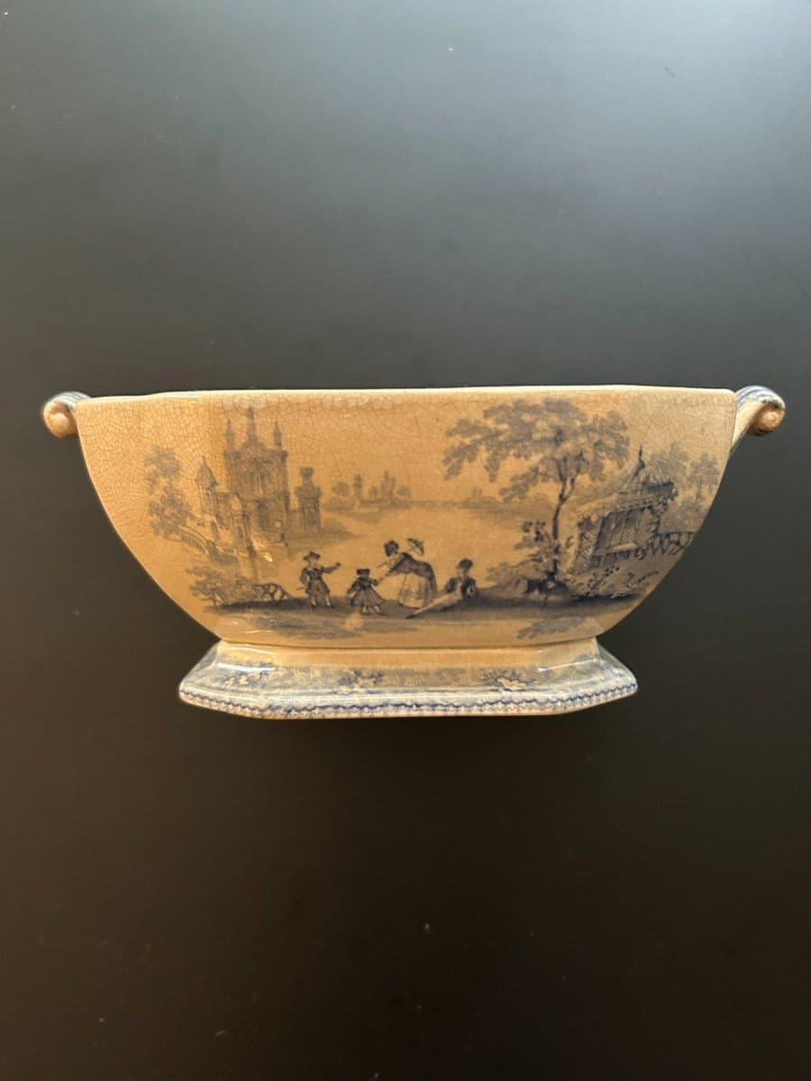 Antique Transfer-Ware Footed Bowl with Scenic Blue Figures - photo 1