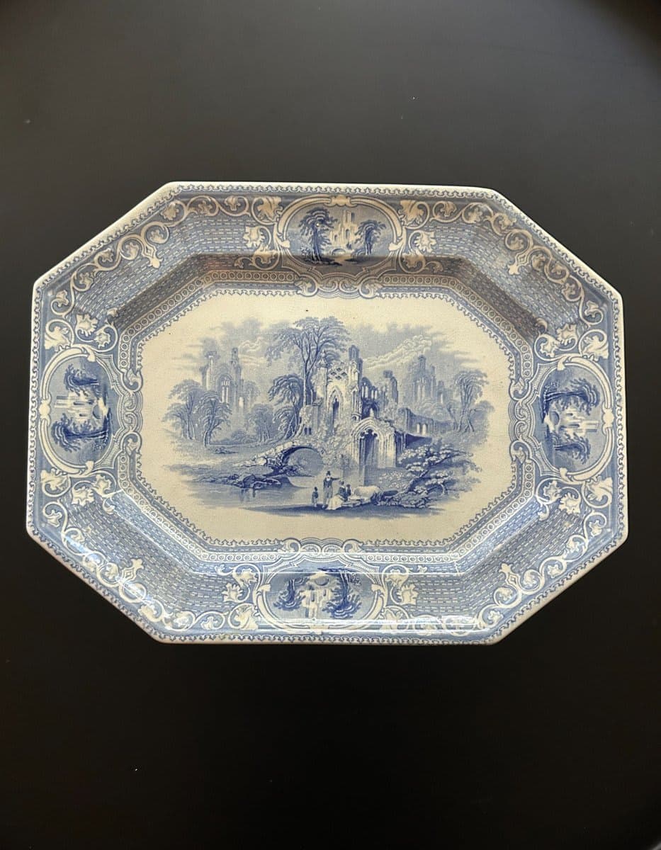 Antique Blue & White "Abbey" Transfer Ware Serving Platter – Gothic Ruins Scene - photo 1