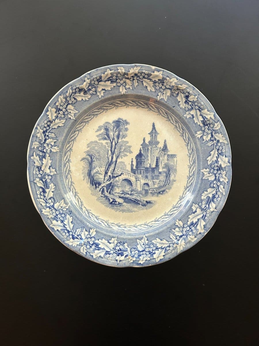 Antique Blue & White "Holly" Transferware Plate with Castle Scene - photo 1