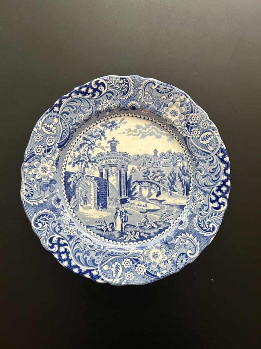 Antique Blue & White "Landscape" Transferware Plate – Romantic Ruins Scene - photo 1