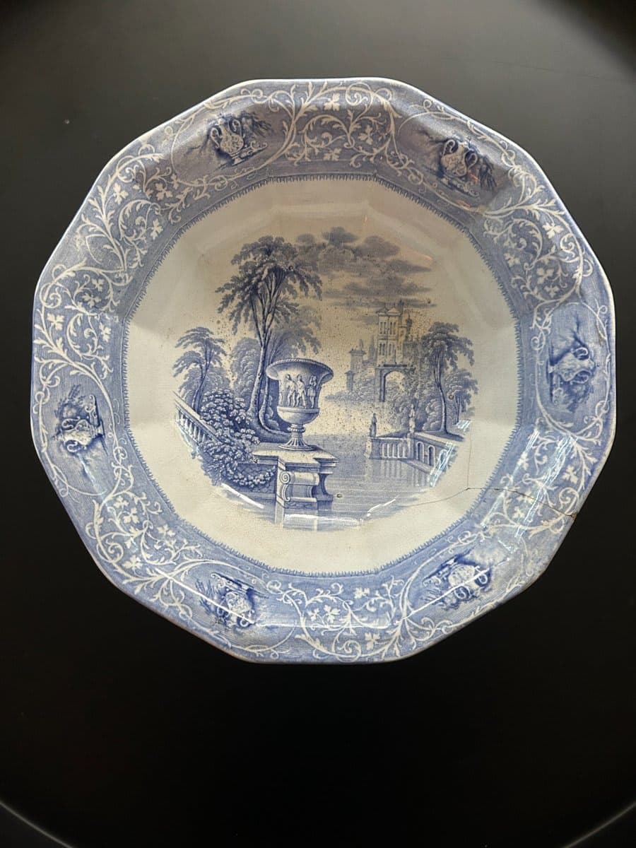 Antique Blue & White "Medici" Transferware Wash Bowl – Classical Urn Landscape - photo 1