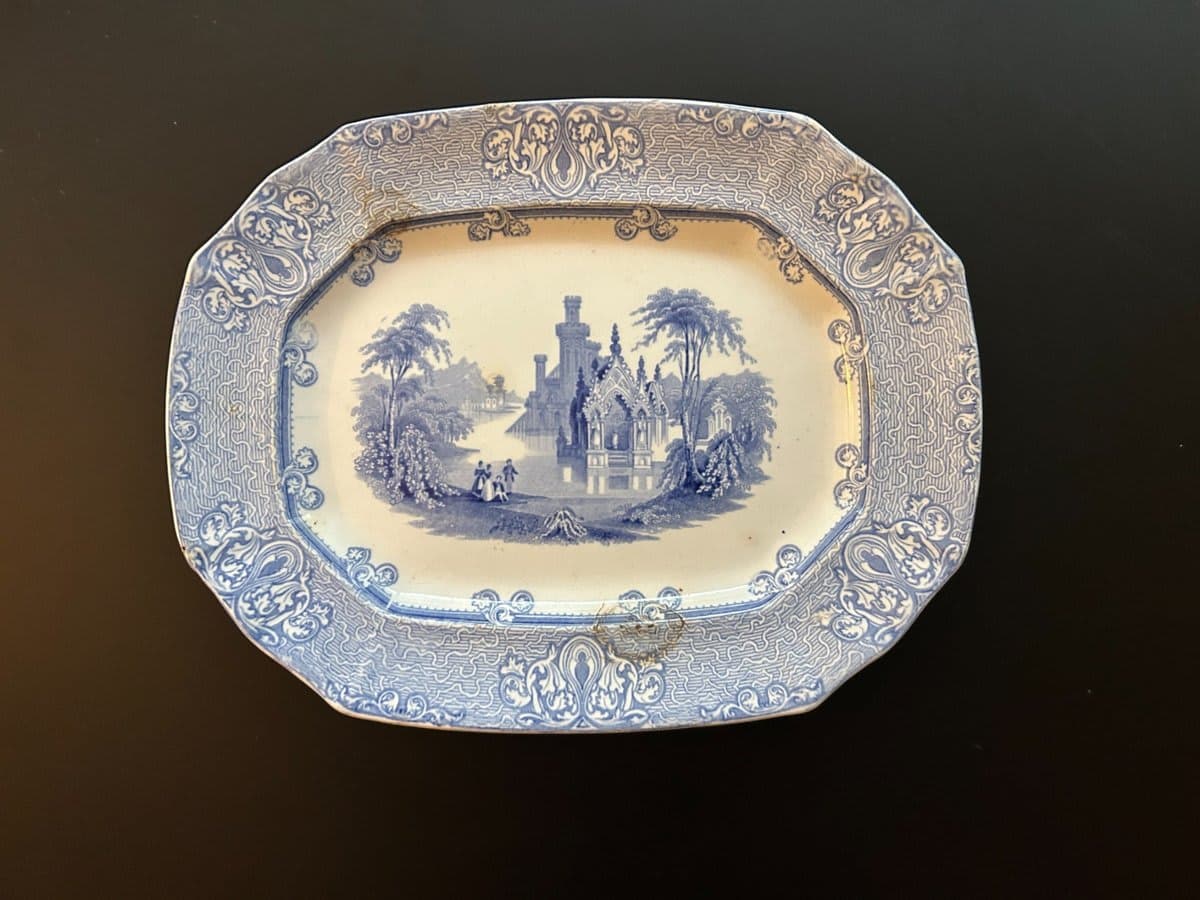 Antique Blue & White Cobridge "Cologne" Transferware Platter – Gothic Castle Scene - photo 1