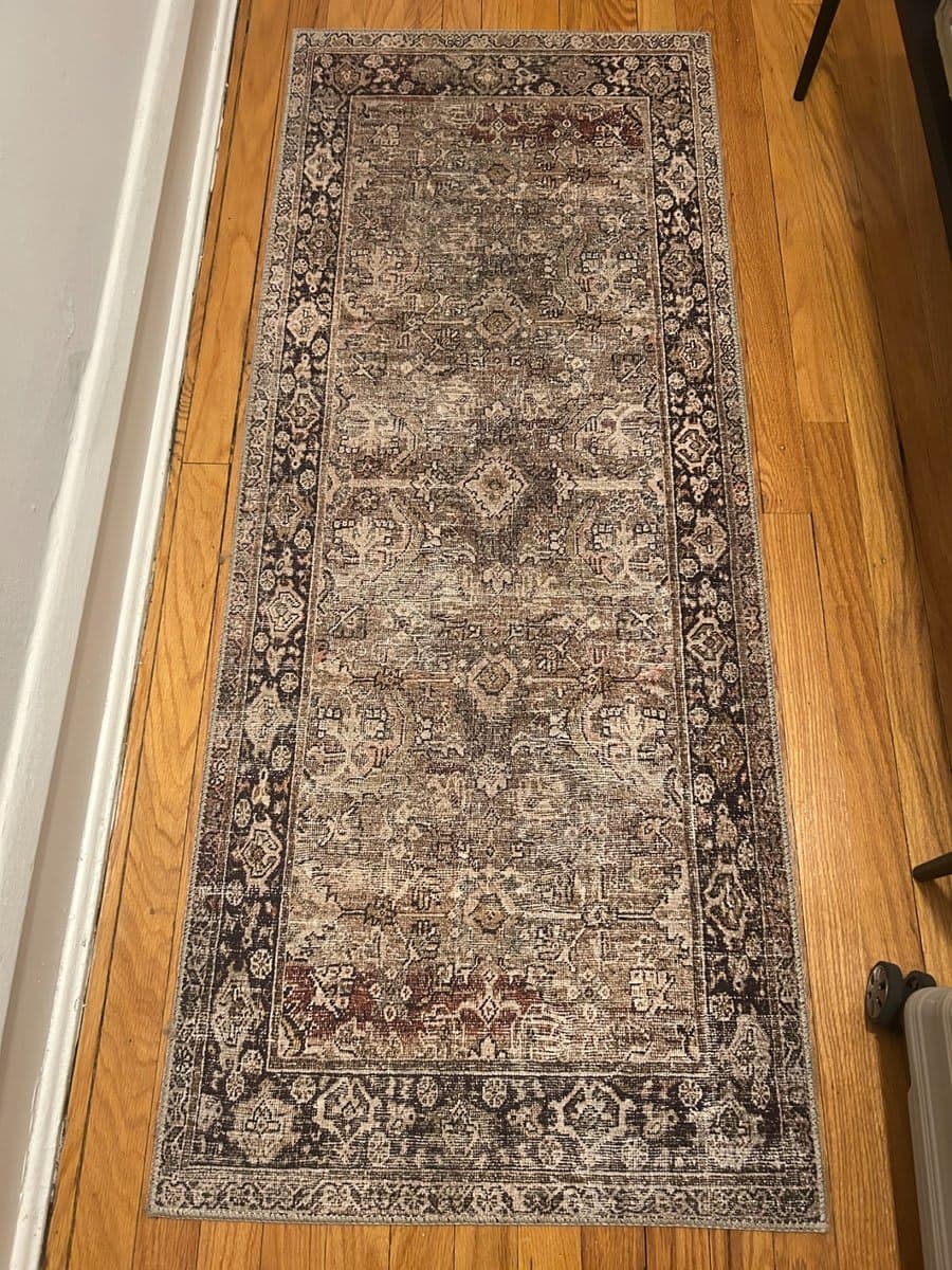 Persian-Style 2' x 5' Distressed Runner Rug in Olive, Charcoal and Deep Red - photo 1