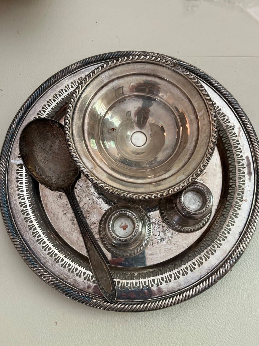 Lot of Antique Silver-Plated Serving Set with Tray, Bowl, Salt Cellars & Spoon - photo 1