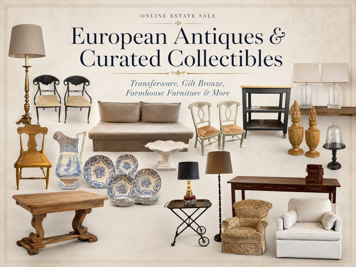European Antiques & Curated Collectibles: Transferware, Gilt Bronze, Farmhouse Furniture & More