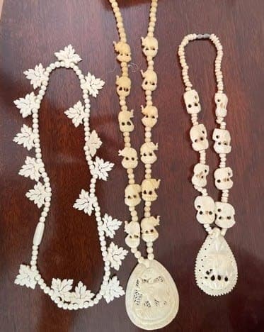 Carved Bone Necklace Set (3 Pieces) — Elephants, Leaves, Medallion - photo 1