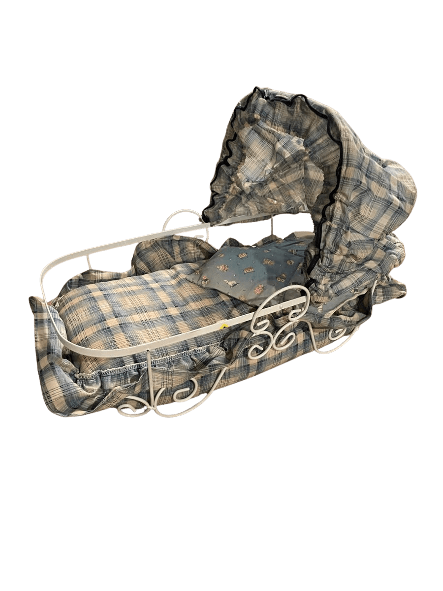 Vintage White Wrought Iron Doll Bassinet with Blue Plaid Bedding - photo 1