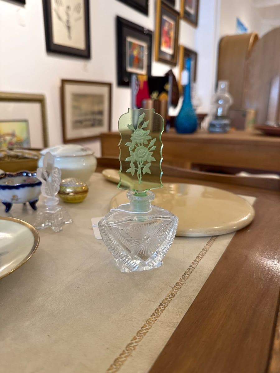 Antique Czech Bohemian Cut Crystal Perfume Bottle with Uranium Glass Stopper - photo 1