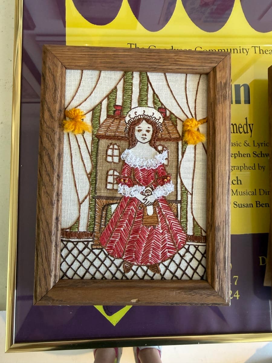 Vintage Crewel Embroidery Framed Art Set of 2 - Victorian Scenes - photo 1