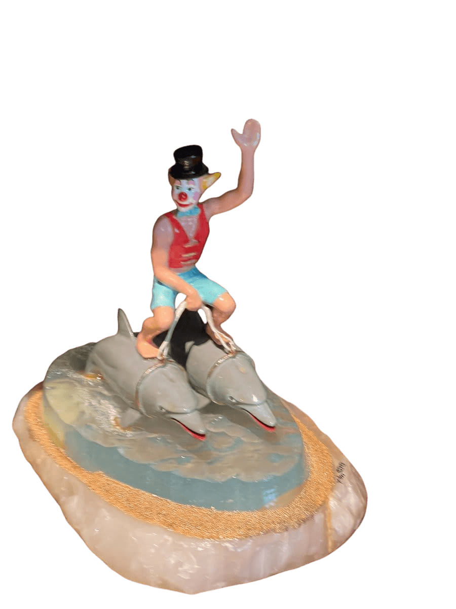 Clown Riding Dolphins Figurine on Stone Base - photo 1
