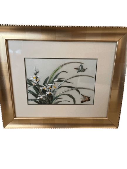 Framed Chinese Silk Embroidery Butterflies & Orchids - photo 1