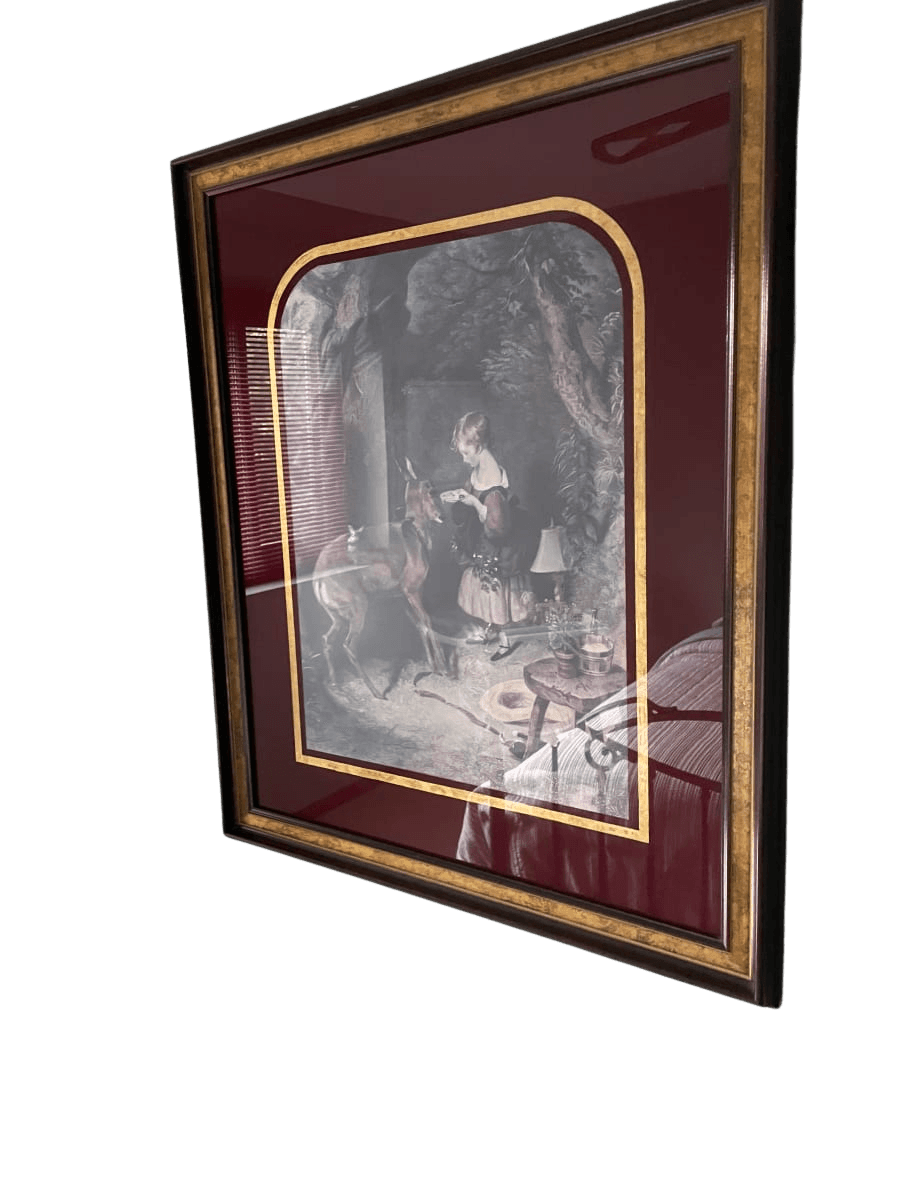 Antique Engraving Girl with Deer Framed Print — Burgundy Mat Gold Accent - photo 1