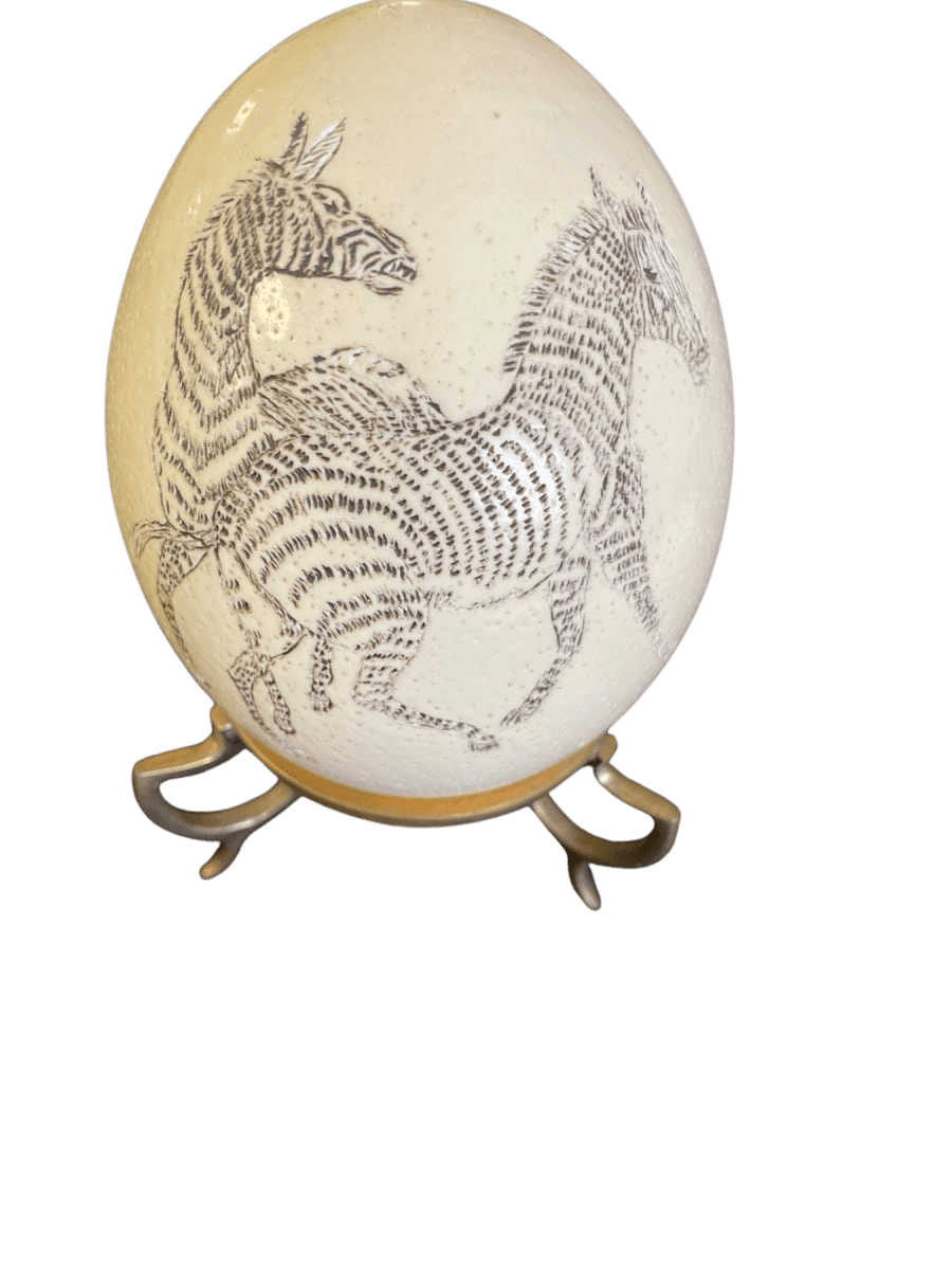 Scrimshaw Ostrich Egg Zebra Art Display - photo 1