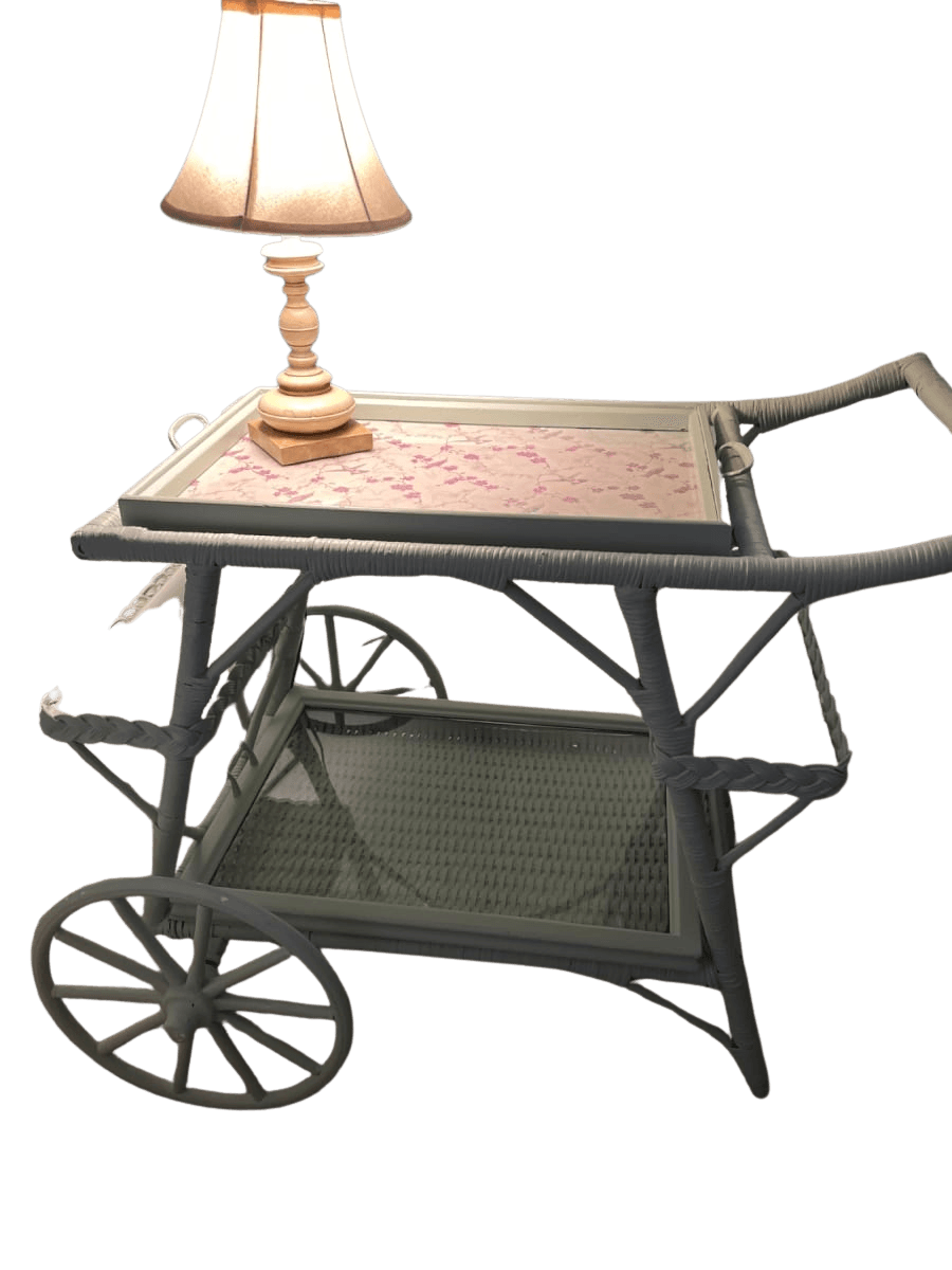 White Wicker Tea Cart with Spoke Wheels - photo 1