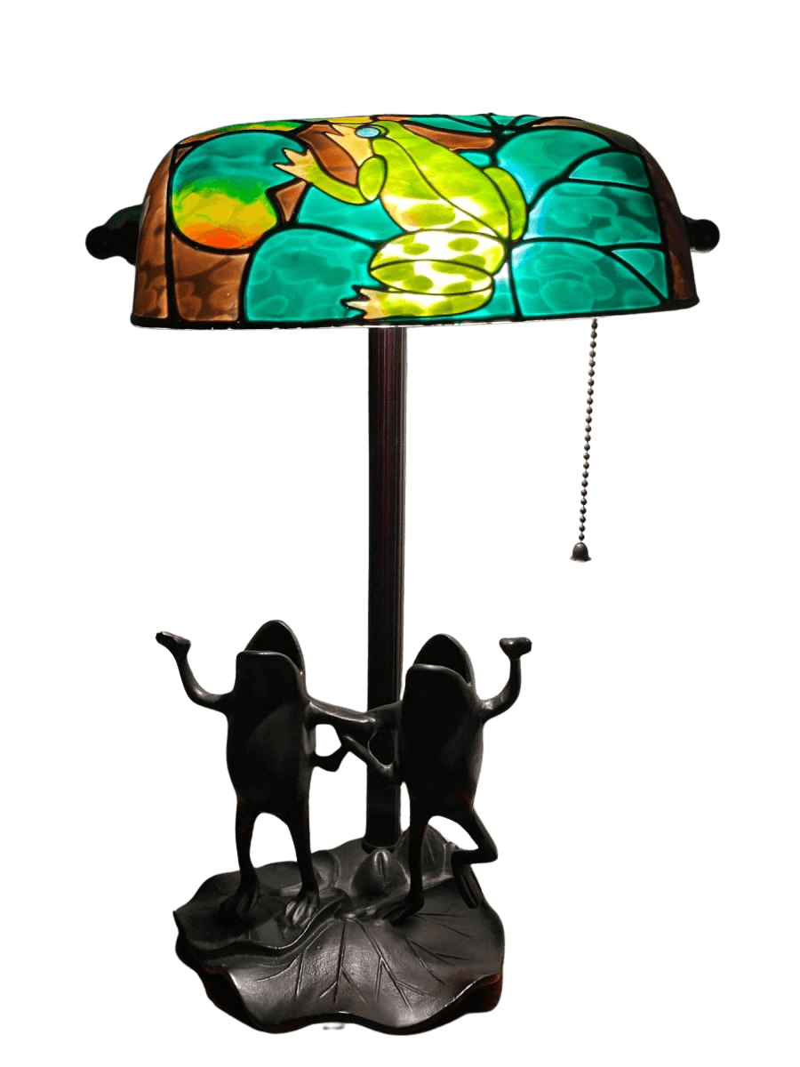 Frog Stained Glass Banker's Lamp with Bronze Base - photo 1