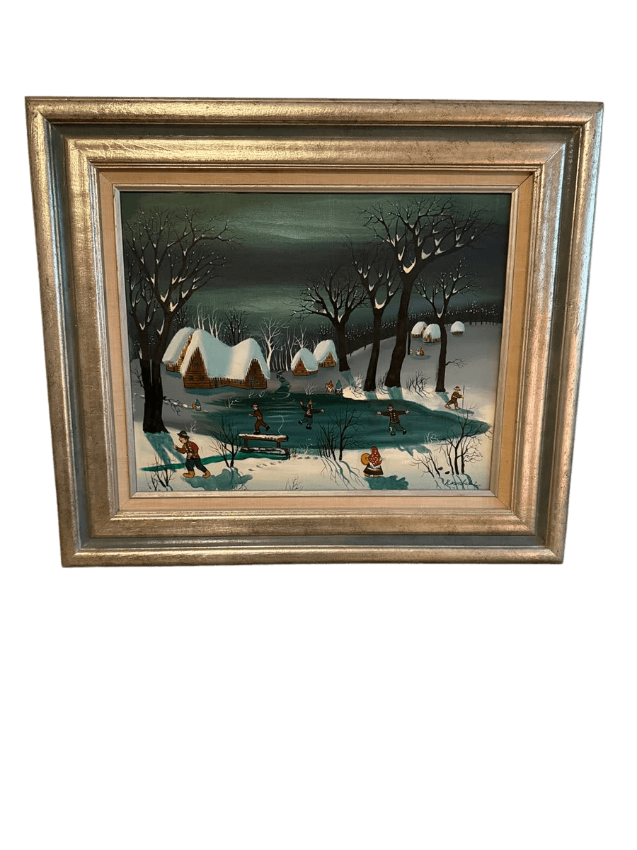 Folk Art Winter Village Ice Skating Scene Oil Painting