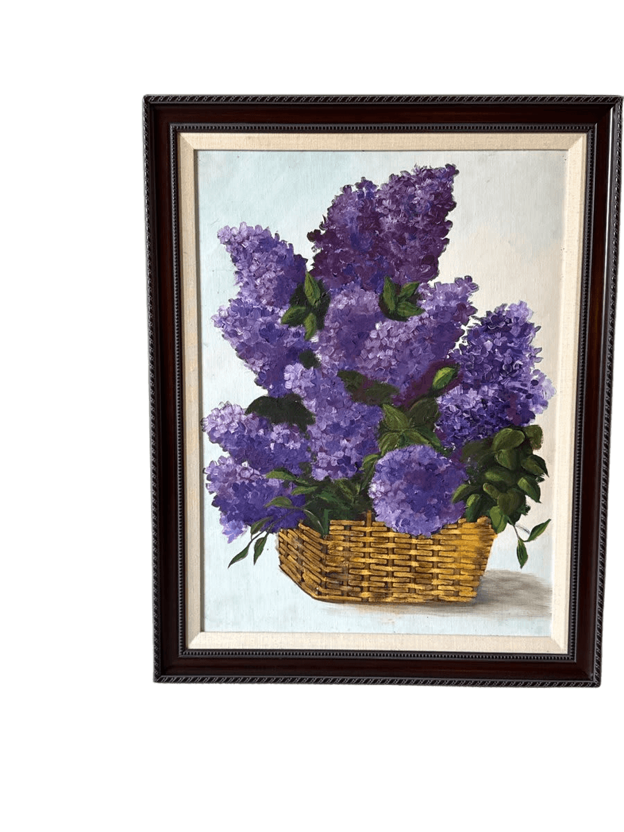 Framed Oil Painting Lilacs in Wicker Basket - photo 1