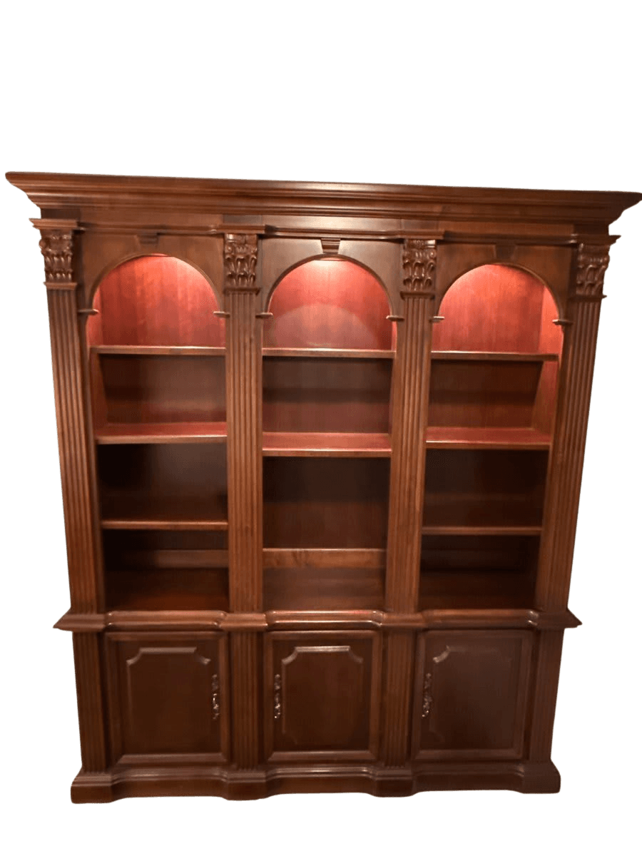 Triple Arch Lighted Mahogany Bookcase with Cabinet - photo 1