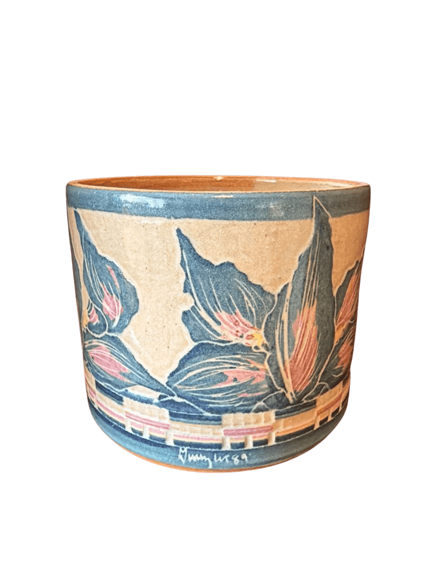 Hand-Carved Sgraffito Stoneware Planter with Floral Motif - photo 1
