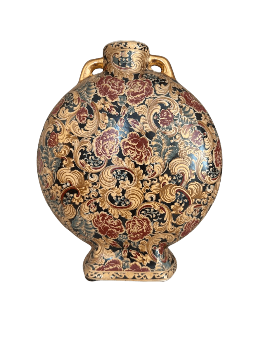 Chinese Moon Flask Vase Gilt Floral Porcelain - photo 1