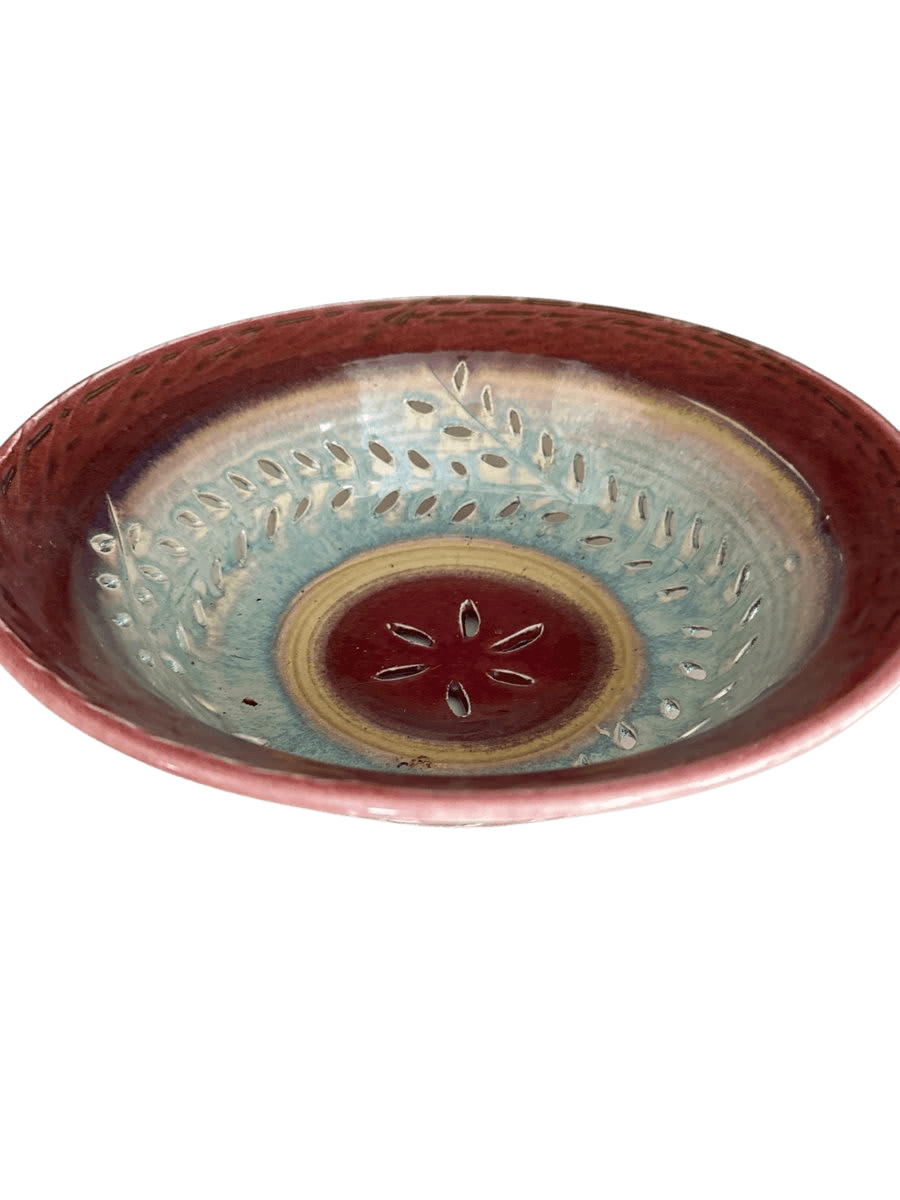 Handmade Ceramic Bowl Red Teal Floral Sgraffito