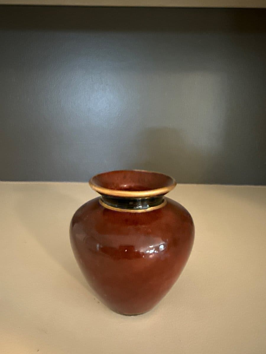 Oxblood Glazed Ceramic Vase with Gold Collar