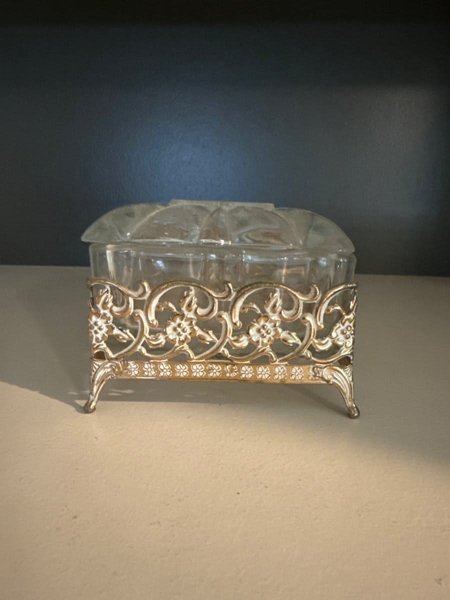 Vintage Ormolu Glass Trinket Jewelry Box - photo 1