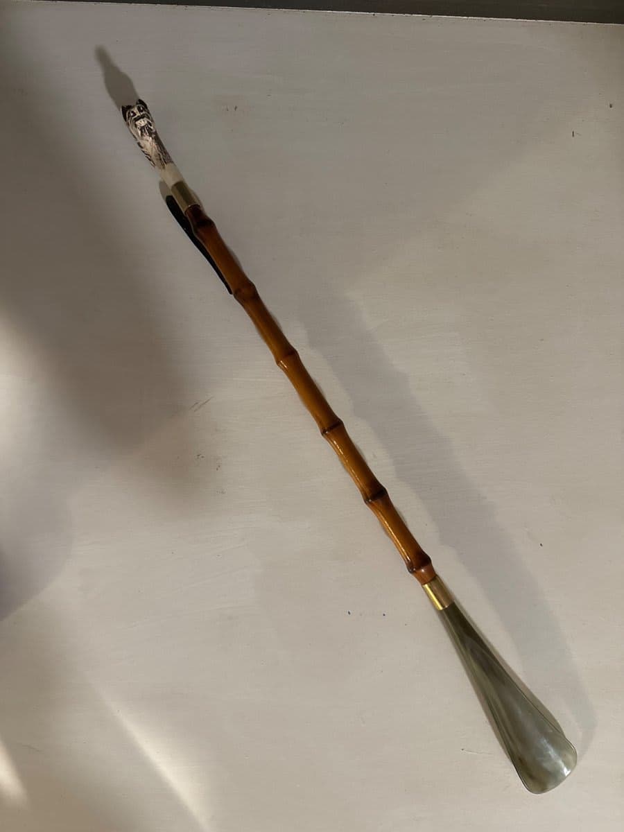 Antique Bamboo Shoe Horn with Silver Dog Handle - photo 1
