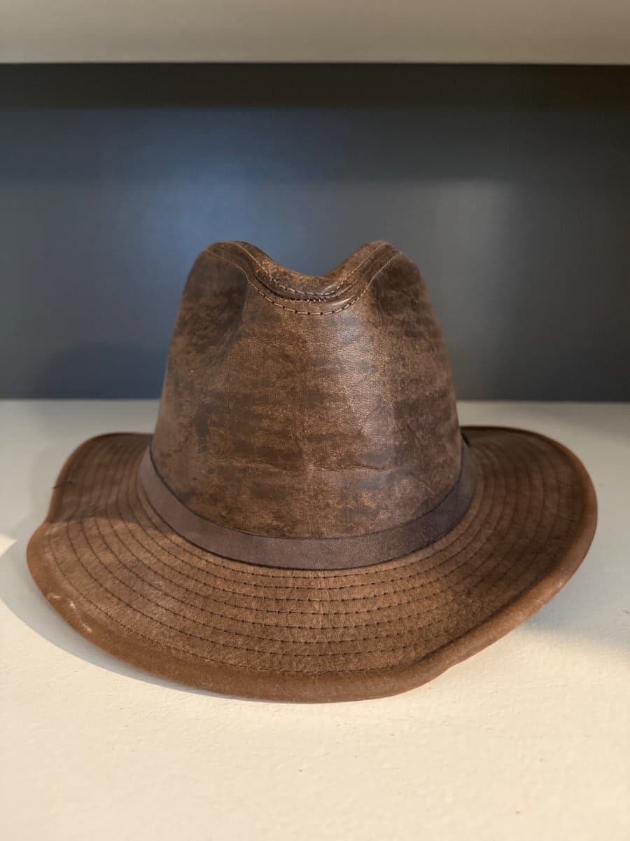 Distressed Brown Leather Outback Fedora Hat - photo 1