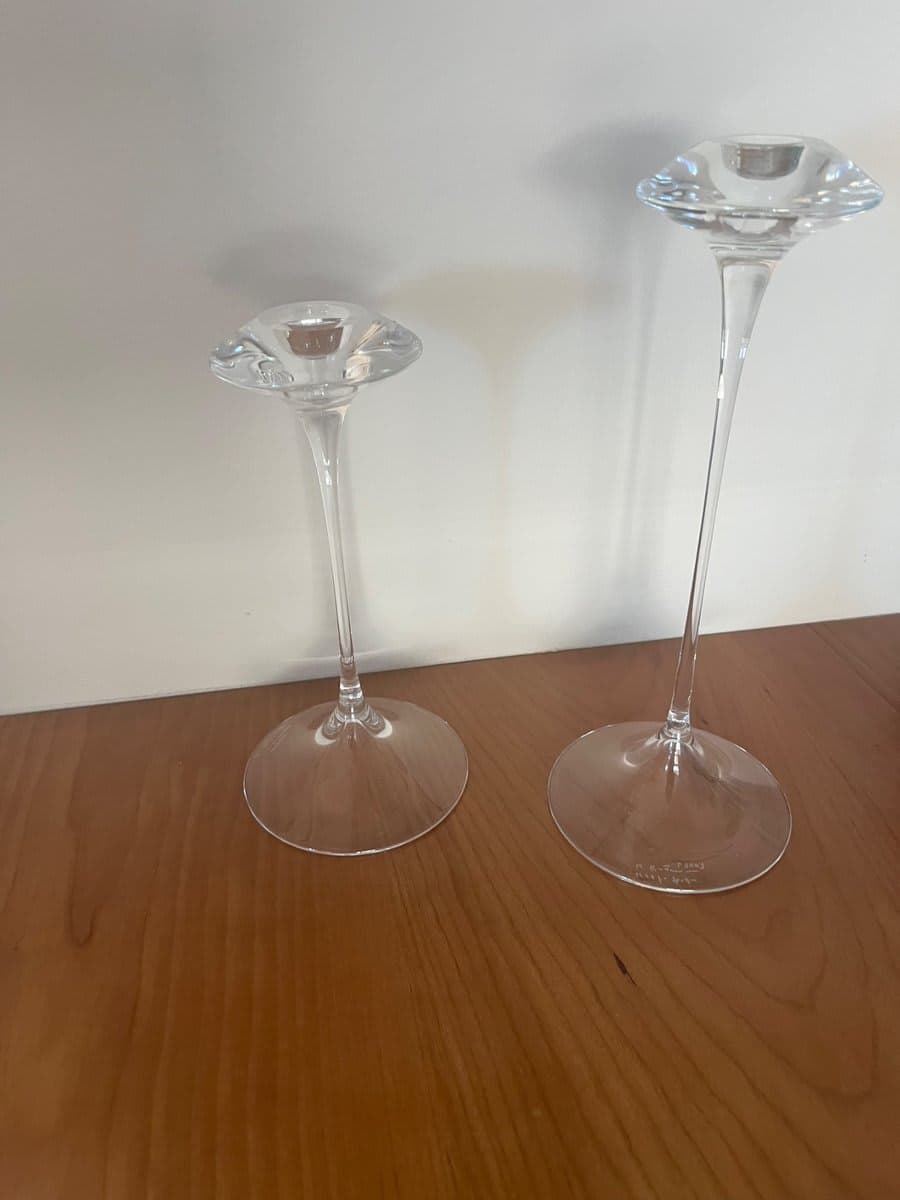 Kjell Engman for Kosta Boda Crystal Glass Candlestick Holders Pair