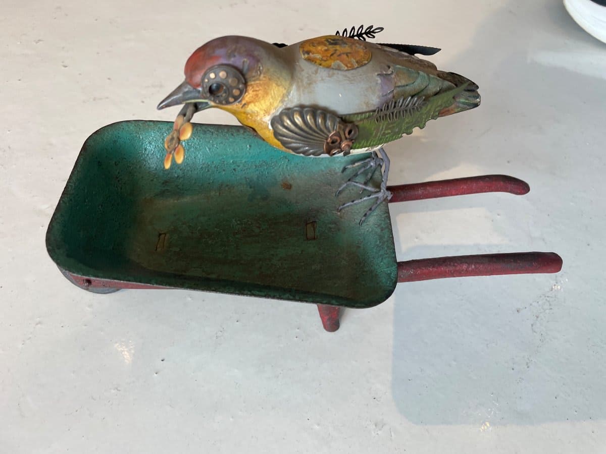 Cornerstone steampunk sculpture Metal Bird on Miniature Wheelbarrow Sculpture