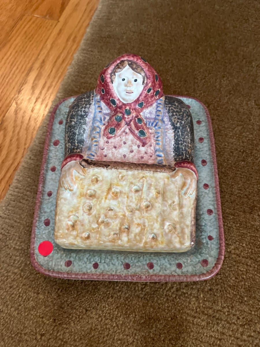 Folk Art Ceramic Woman Butter Dish