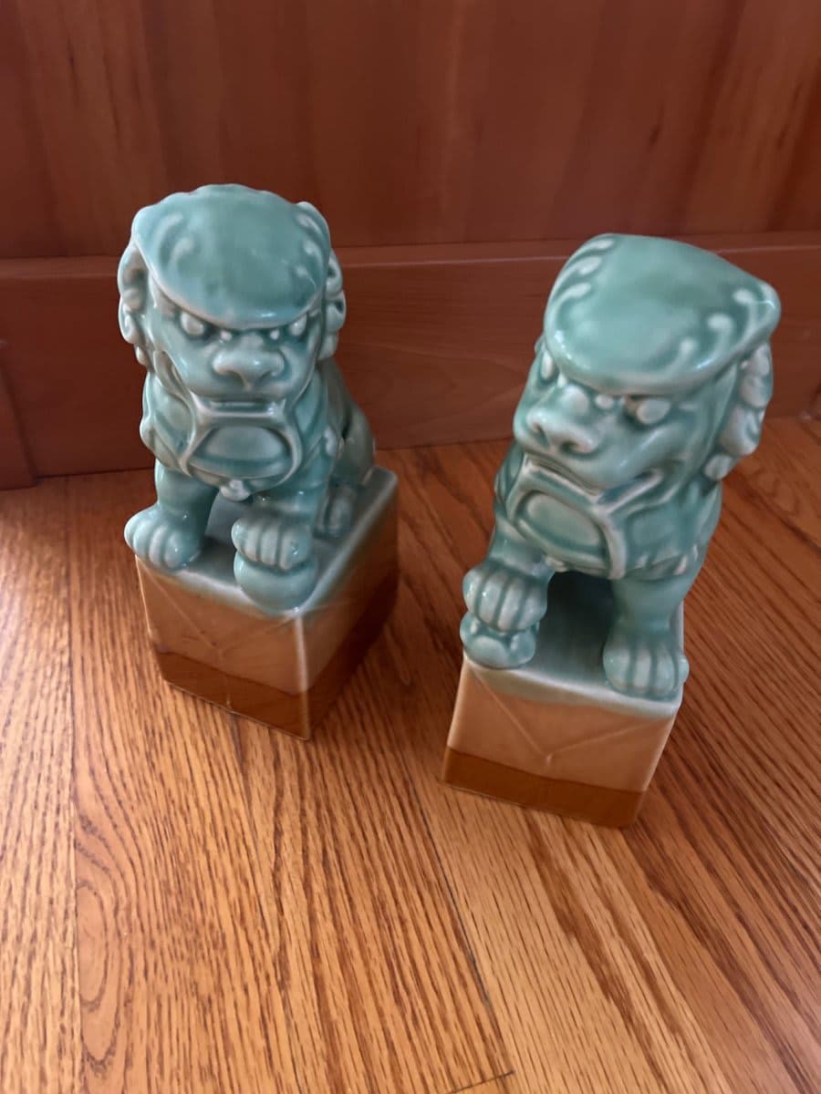 Celadon Glazed Foo Dog Lion Statues Pair