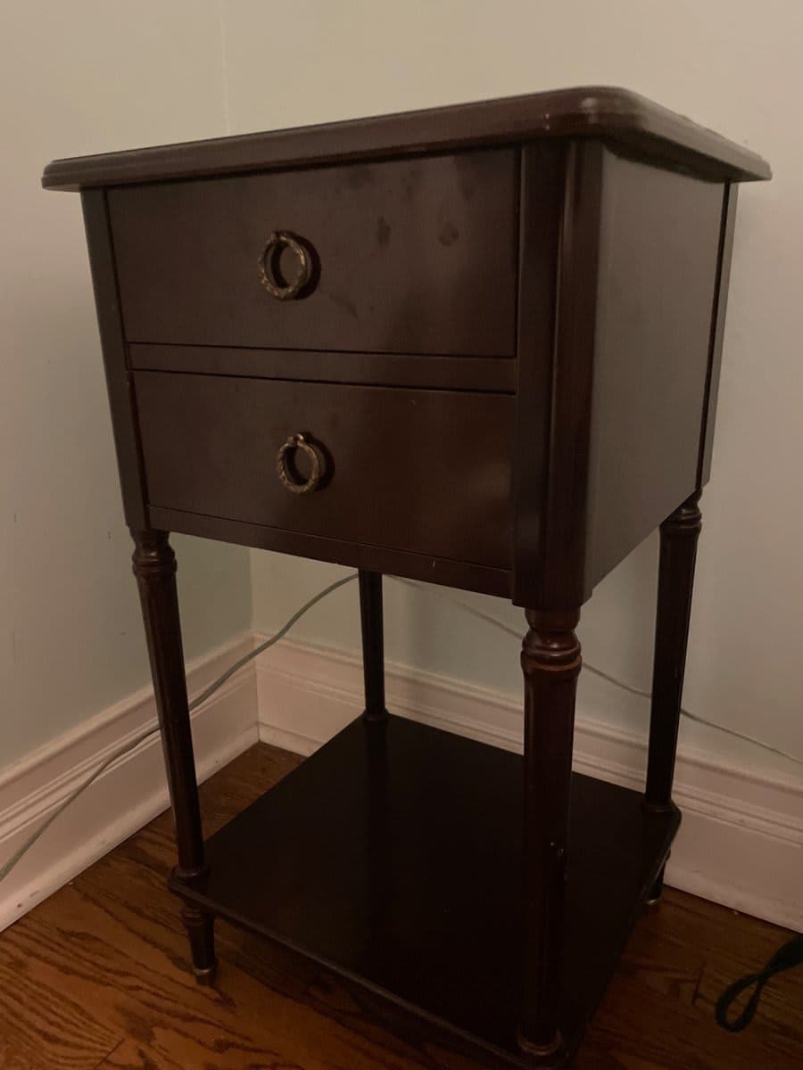 Dark Wood Two-Drawer Nightstand with Lower Shelf