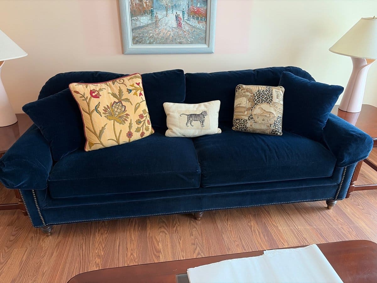 Navy Blue Velvet Sofa with Nailhead Trim